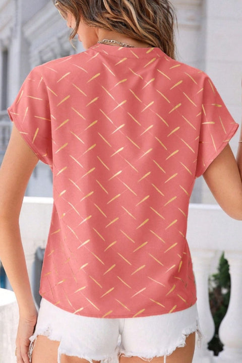 Printed Notched Short Sleeve Blouse Trendsi