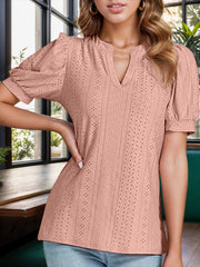 Eyelet Notched Short Sleeve Blouse Trendsi