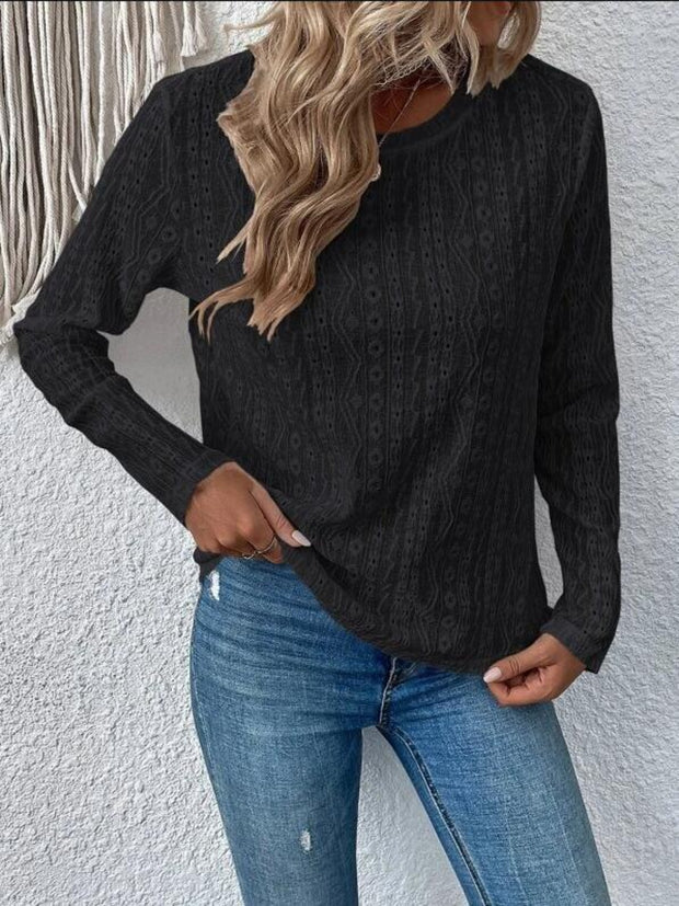 Eyelet Round Neck Long Sleeve Blouse Trendsi