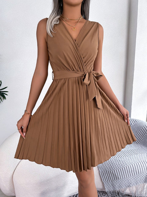 Tied Surplice Sleeveless Pleated Dress Trendsi