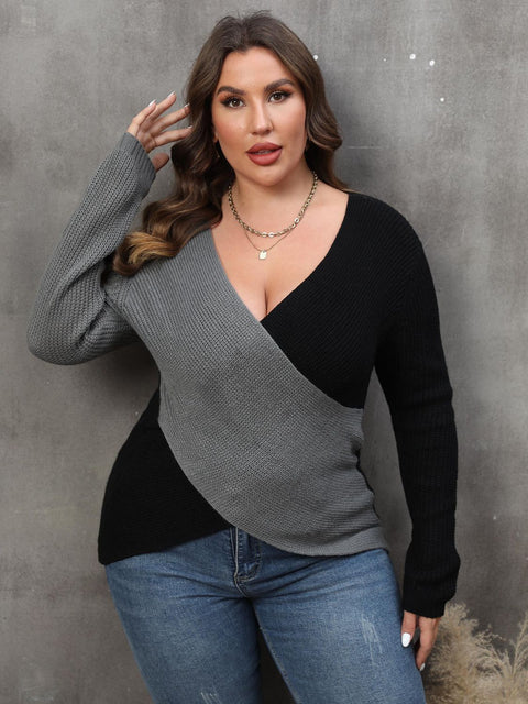 Plus Size Two-Tone Surplice Neck Sweater Trendsi