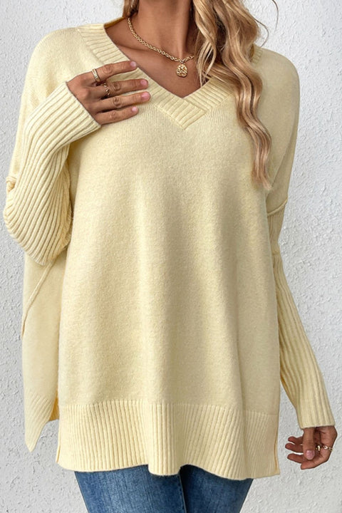 Slit V-Neck Dropped Shoulder Sweater Trendsi