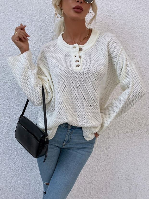 Quarter-Button Slit Sweater Trendsi