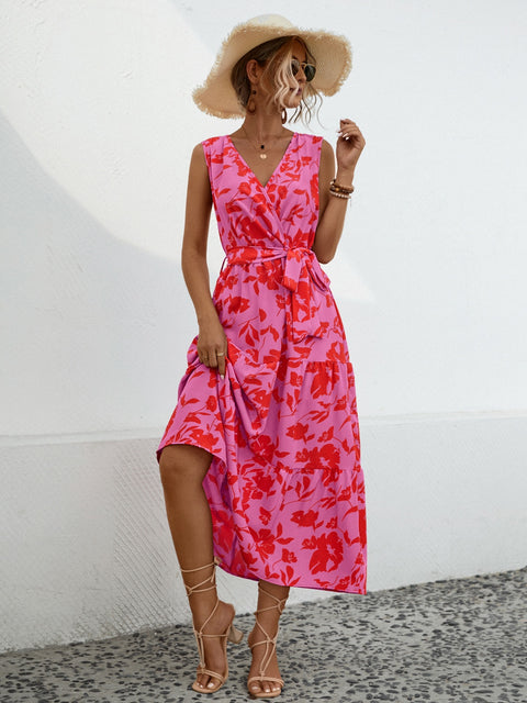 Tied Printed Surplice Tiered Dress Trendsi