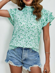 Ditsy Floral Mock Neck Flounce Sleeve Blouse Trendsi