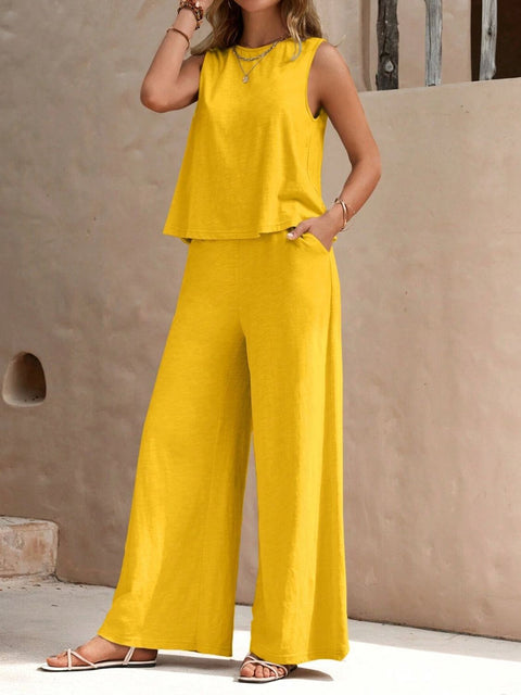 Round Neck Sleeveless Top and Wide Leg Pants Set Trendsi