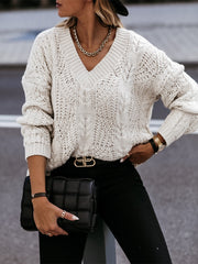 V-Neck Cable-Knit Long Sleeve Sweater Trendsi