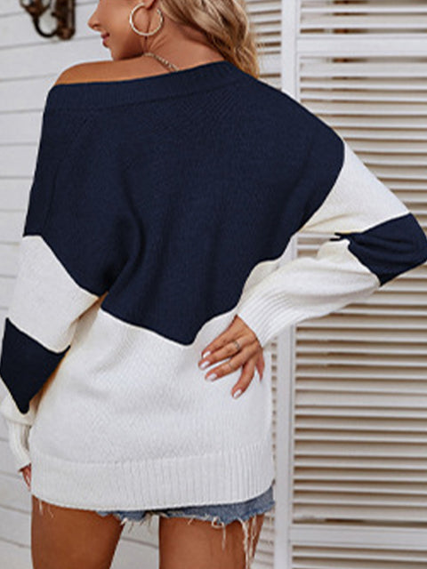 Color Block V-Neck Sweater Trendsi