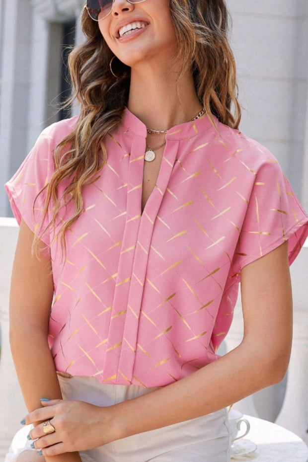 Printed Notched Short Sleeve Blouse Trendsi