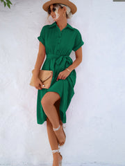 Buttoned Tie Waist Short Sleeve Dress Trendsi