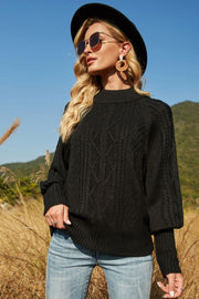 Ribbed Mock Neck Lantern Sleeve Sweater Trendsi