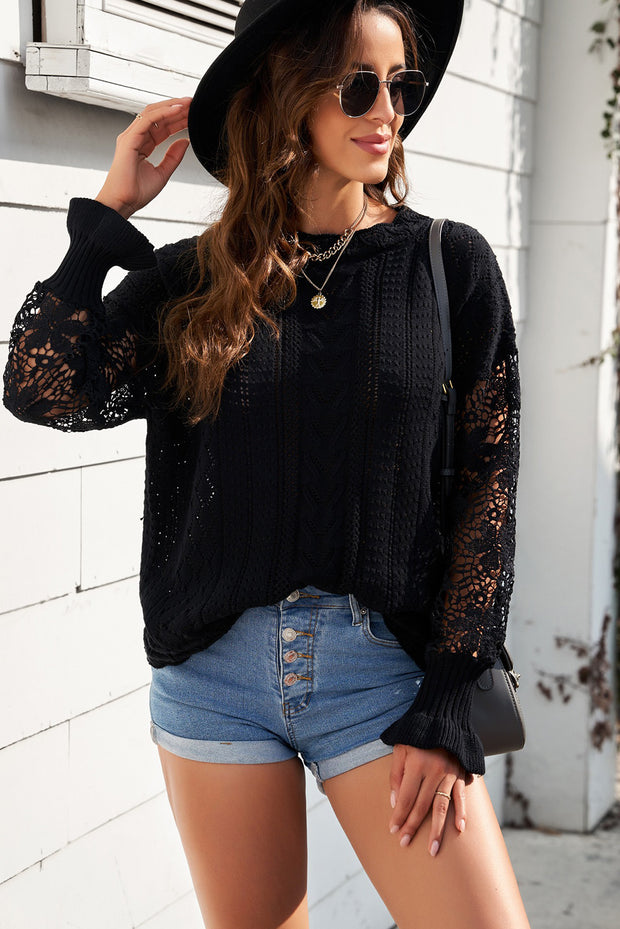 Openwork Lantern Sleeve Dropped Shoulder Sweater Trendsi