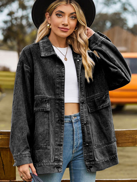 Dropped Shoulder Denim Jacket with Pockets Trendsi