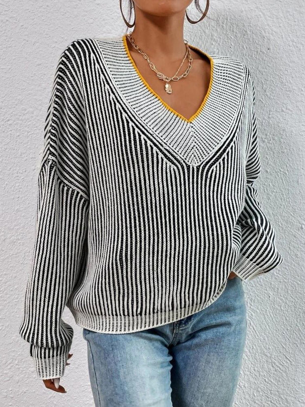 Striped V-Neck Long Sleeve Sweater Trendsi