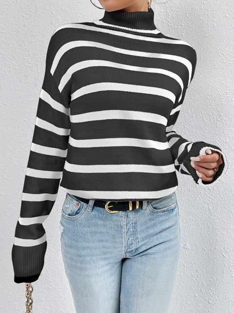 Striped Turtleneck Drop Shoulder Sweater Trendsi