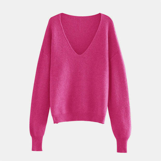 V-Neck Dropped Shoulder Long Sleeve Sweater Trendsi