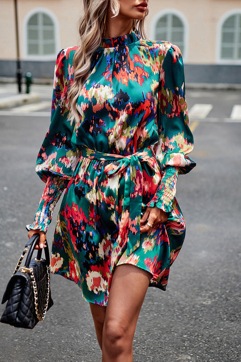 Printed Tie Waist Mock Neck Lantern Sleeve Dress Trendsi