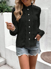 Swiss Dot Lace Detail Button Up Long Sleeve Shirt