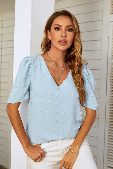 Swiss Dot V-Neck Puff Sleeve Blouse