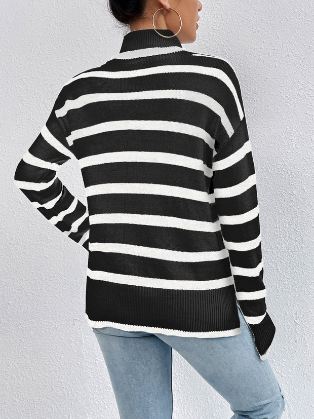 Striped Turtleneck Drop Shoulder Sweater Trendsi