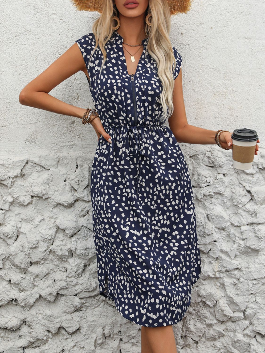 Slit Printed Cap Sleeve Dress Trendsi