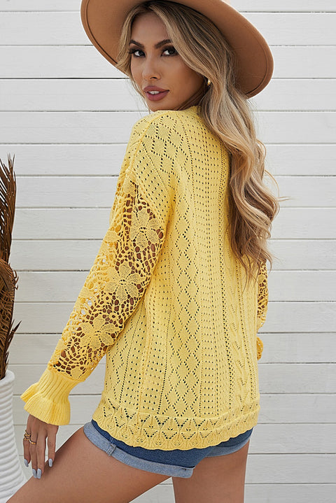 Openwork Lantern Sleeve Dropped Shoulder Sweater Trendsi