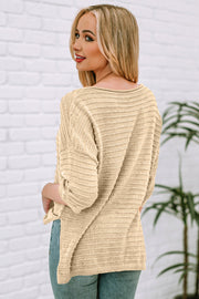 Round Neck Dropped Shoulder Side Slit Pullover Sweater Trendsi