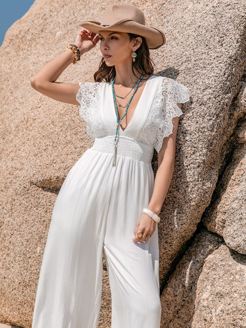 Lace Detail Plunge Cap Sleeve Jumpsuit Trendsi