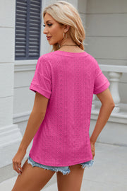 Eyelet V-Neck Short Sleeve T-Shirt Trendsi