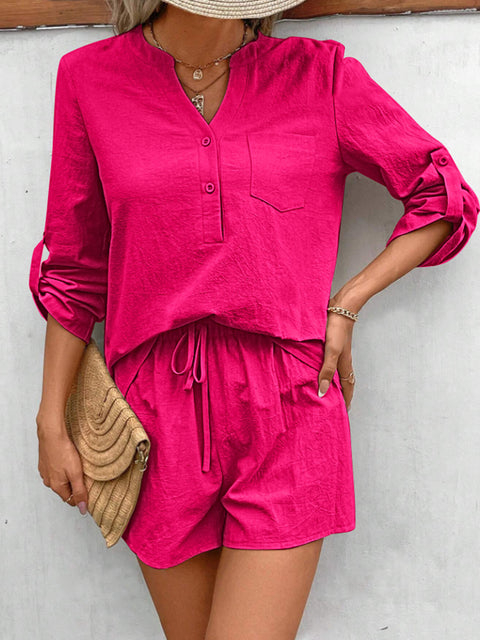 Notched Long Sleeve Top and Shorts Set Trendsi