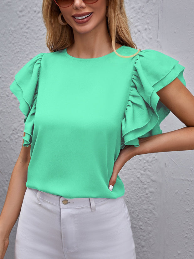 Round Neck Flounce Sleeve Blouse Trendsi