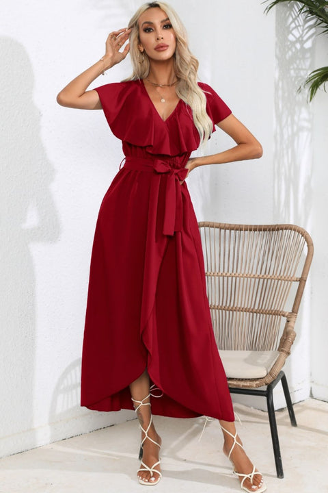 Ruffled Tied V-Neck Midi Dress Trendsi