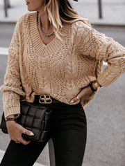 V-Neck Cable-Knit Long Sleeve Sweater Trendsi