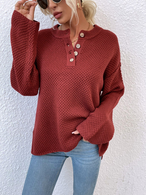 Quarter-Button Slit Sweater Trendsi