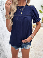 Eyelet Mock Neck Flounce Sleeve Blouse