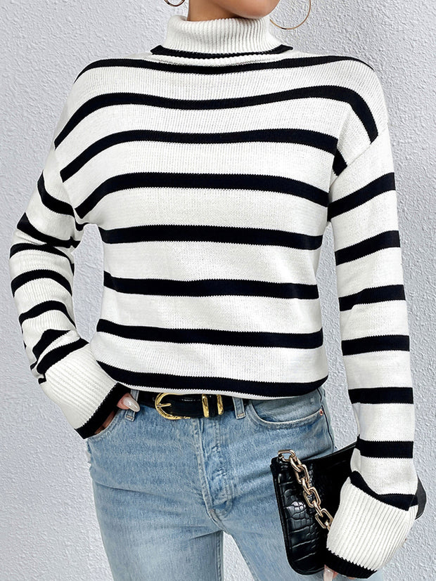 Striped Turtleneck Long Sleeve Sweater Trendsi