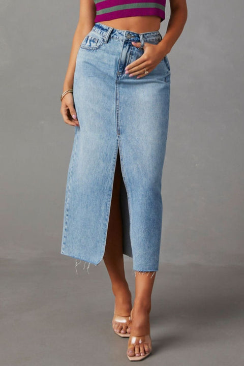 Slit Raw Hem Midi Denim Skirt Trendsi