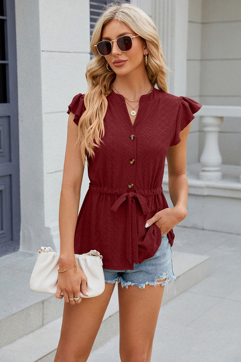 Eyelet Notched Cap Sleeve Blouse Trendsi