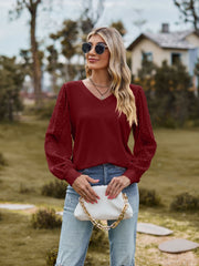 Swiss Dot V-Neck Long Sleeve Blouse Trendsi