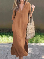 Full Size Notched Half Sleeve Midi Dress Trendsi