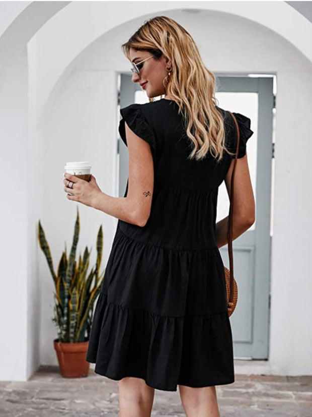 Ruffled Round Neck Cap Sleeve Mini Dress Trendsi