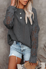 Openwork Lantern Sleeve Dropped Shoulder Sweater Trendsi