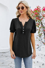 Frill Notched Short Sleeve Blouse Trendsi