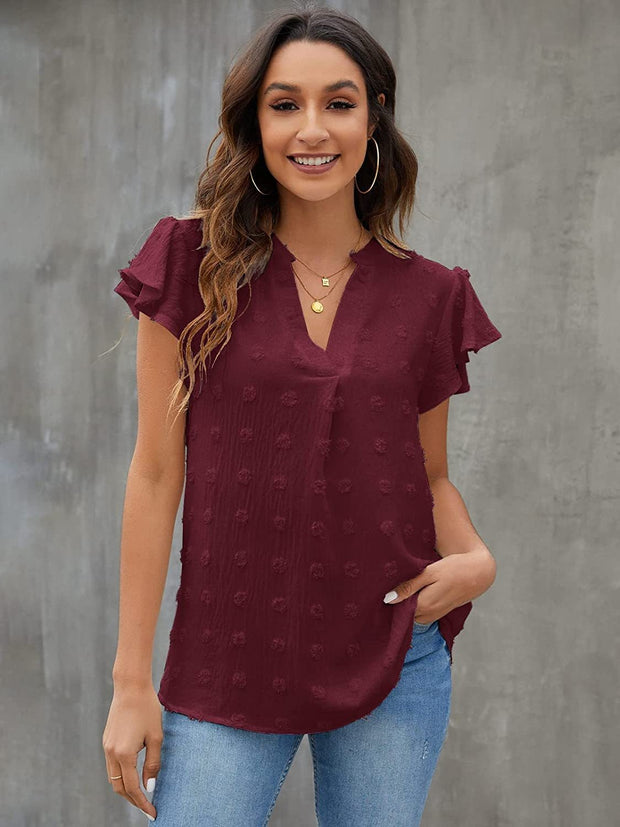 Swiss Dot Notched Flutter Sleeve Blouse Trendsi