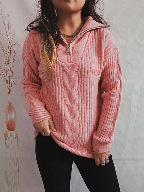 Ribbed Half Zip Long Sleeve Sweater Trendsi