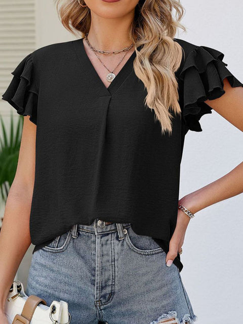 Ruffled V-Neck Cap Sleeve Blouse Trendsi