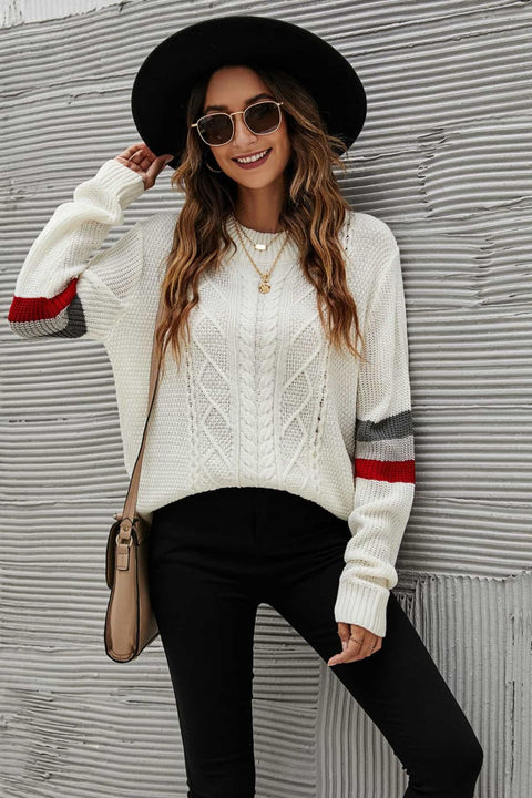 Feeling You Best Striped Cable-Knit Round Neck Sweater Trendsi