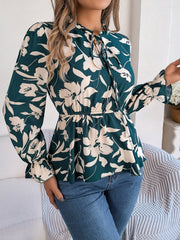 Printed Tie Neck Flounce Sleeve Blouse Trendsi