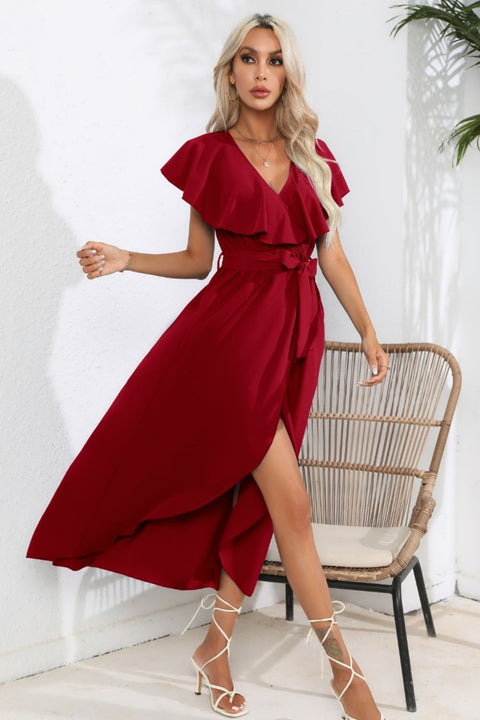 Ruffled Tied V-Neck Midi Dress Trendsi