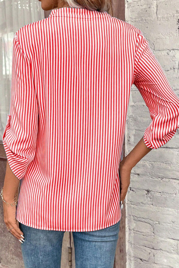 Striped Notched Roll-Tab Sleeve Shirt Trendsi